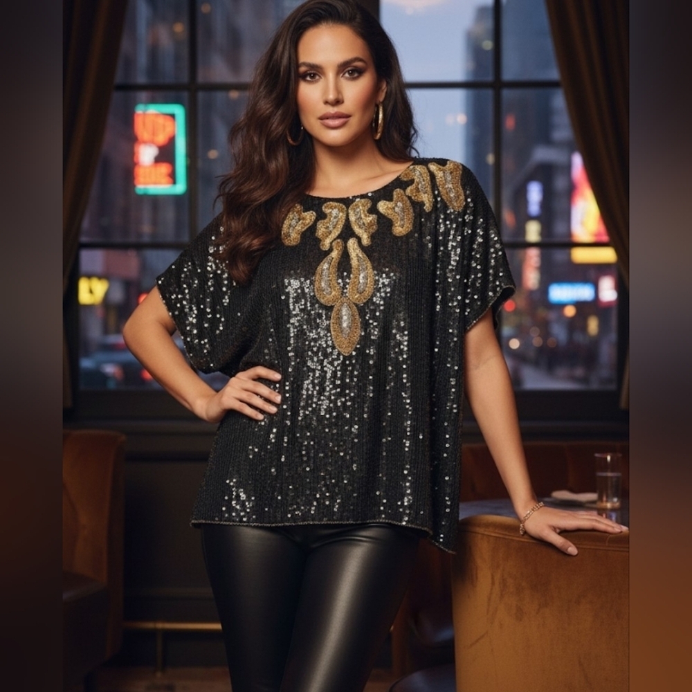 Vintage JLB Silk Blouse Sequins Beaded Handmade India Deadstock Black Gold 1X